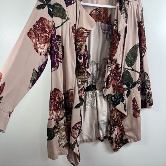 Romantic Pink Floral Ruffle Chico's Open Front Cinched Back Jacket Small Spring - Picture 3 of 12